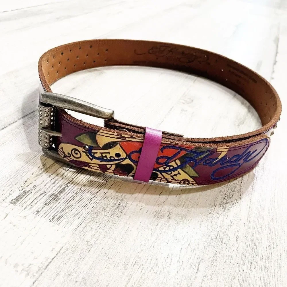 Ed Hardy 2000S Y2K Leather Handmade Belt Size S